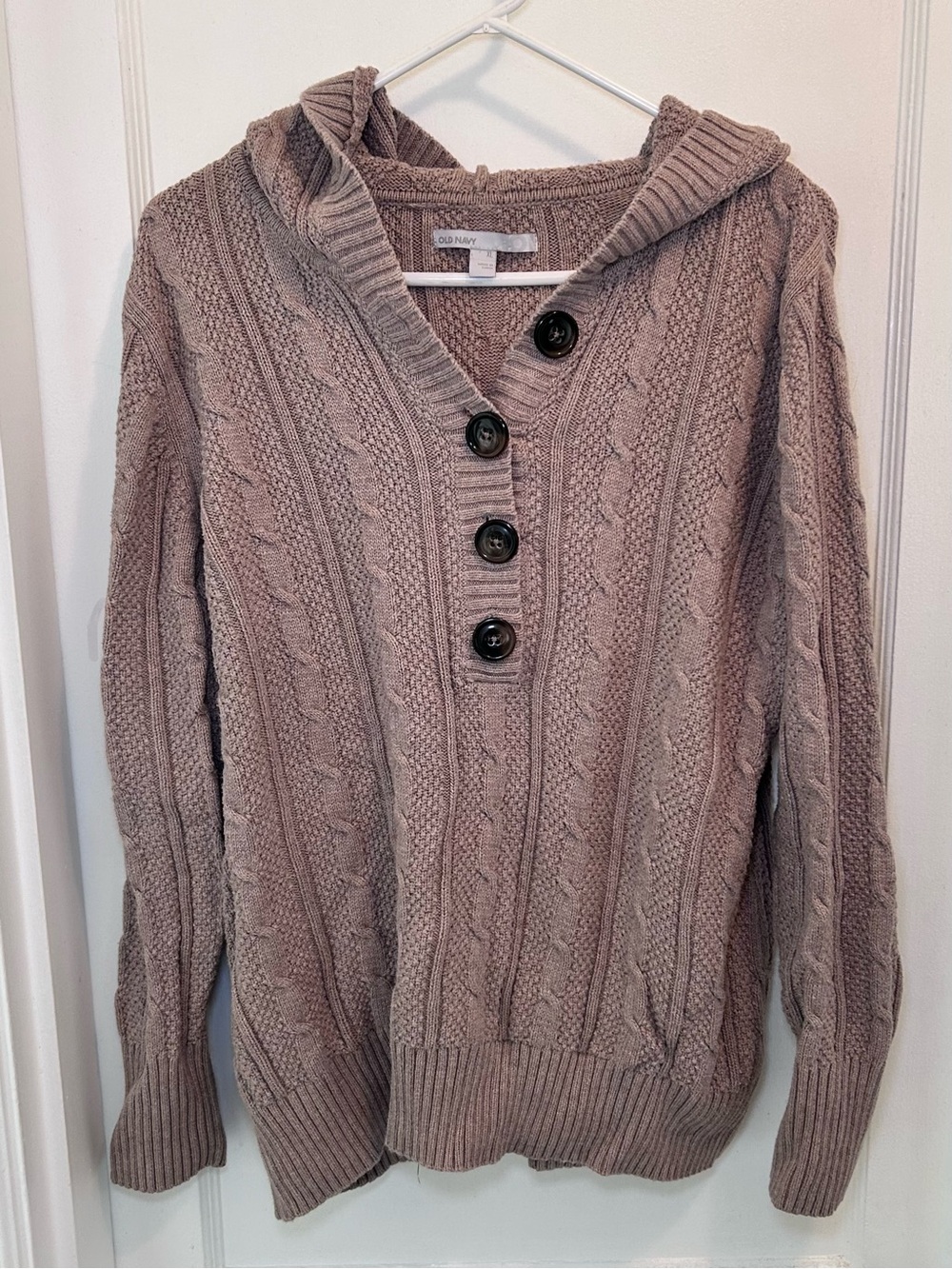 Old Navy Y2K Brown Cable Knit Hooded Button Neck Pullover Sweater Women’s XL